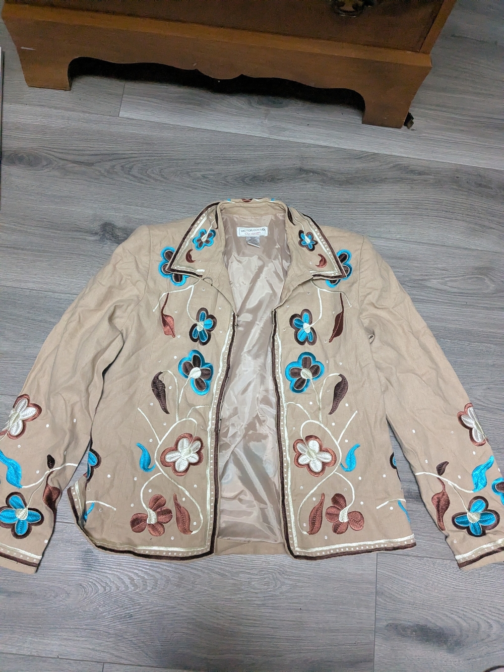 Embroidered Floral Beige Jacket with Blue Accents
